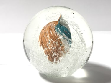 Unmarked Blue/Orange/White Swirl Glass Paperweight