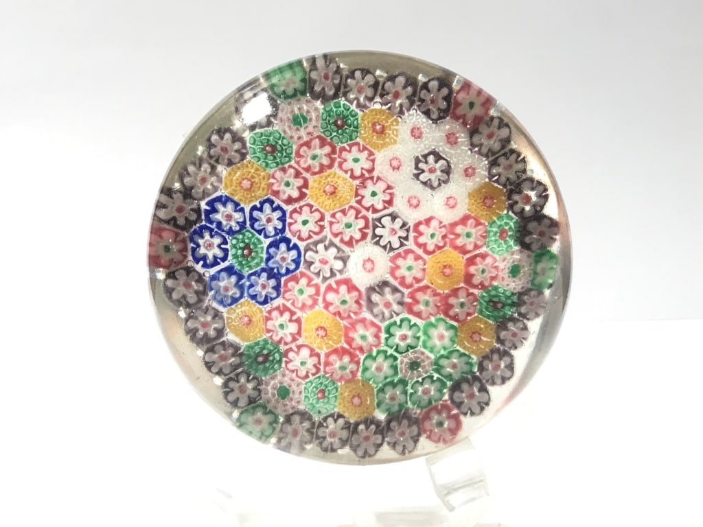 Murano Style Millefiori Glass Paperweight: Murano Style Millefiori Glass Paperweight, 1 5/8in by 3.5in