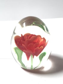 Unmarked Red Flower Egg Shape Glass Paperweight