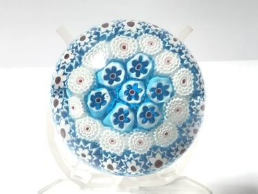 Murano Italy Blue Millefiori Glass Paperweight