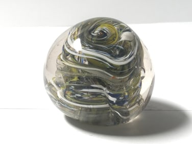 Unmarked White/Blue/Yellow Swirl Glass Paperweight