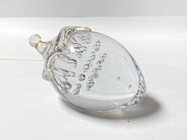 Unmarked Clear Bubble Strawberry Glass Paperweight