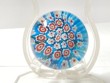 Murano Italy Blue Millefiori Glass Paperweight