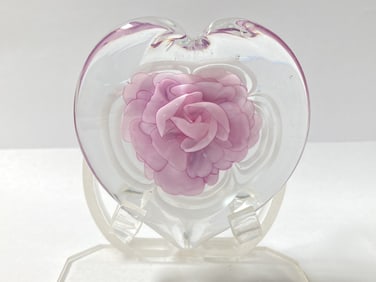 Unmarked Pink Flower Heart Shape Glass Paperweight