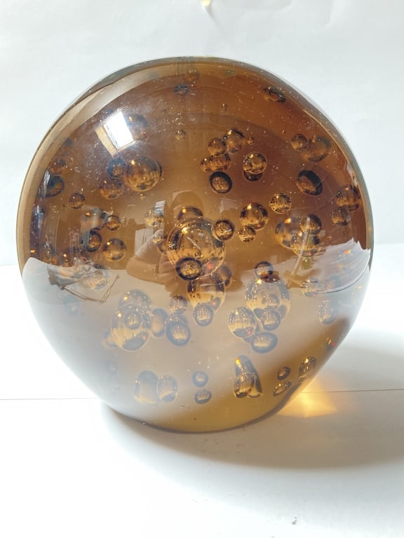 Large Brown Bubble Glass Paperweight: Large Brown Bubble Glass Paperweight, 6.25in