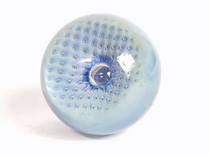 1996 Signed Blue Controlled Bubble Glass Paperweig: 1996 Signed Blue Controlled Bubble Glass Paperweight, 2.5in by 2 7/8in