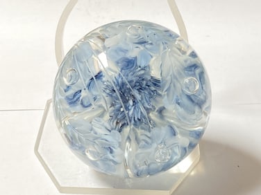 Joe Rice Cut Glass Blue Flower Glass Paperweight