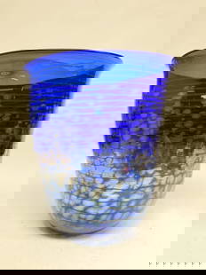 1993 Signed Cobalt Blue Iridescent Splatter Swirl: 1993 Signed Cobalt Blue Iridescent Splatter Swirl Glass Vase, 11in by 10 1/8in