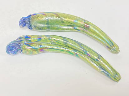 (2) Iridescent Art Glass Green Peppers: (2) Iridescent Art Glass Green Peppers