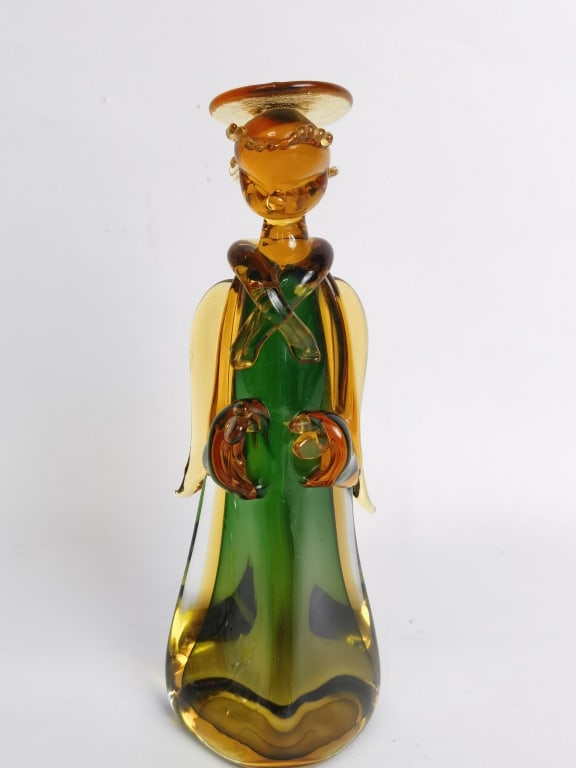 Large Vintage Murano Italy Amber Green Glass Angel: Large Vintage Murano Italy Amber Green Glass Angel, 10.5in