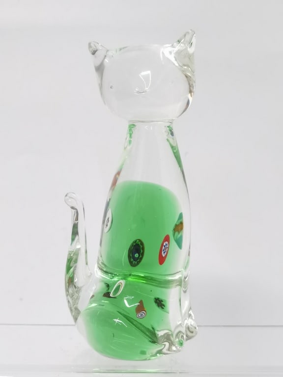 Vintage Murano Italy Green Millefiori Glass Cat: Vintage Murano Italy Green Millefiori Glass Cat, 6.5in
