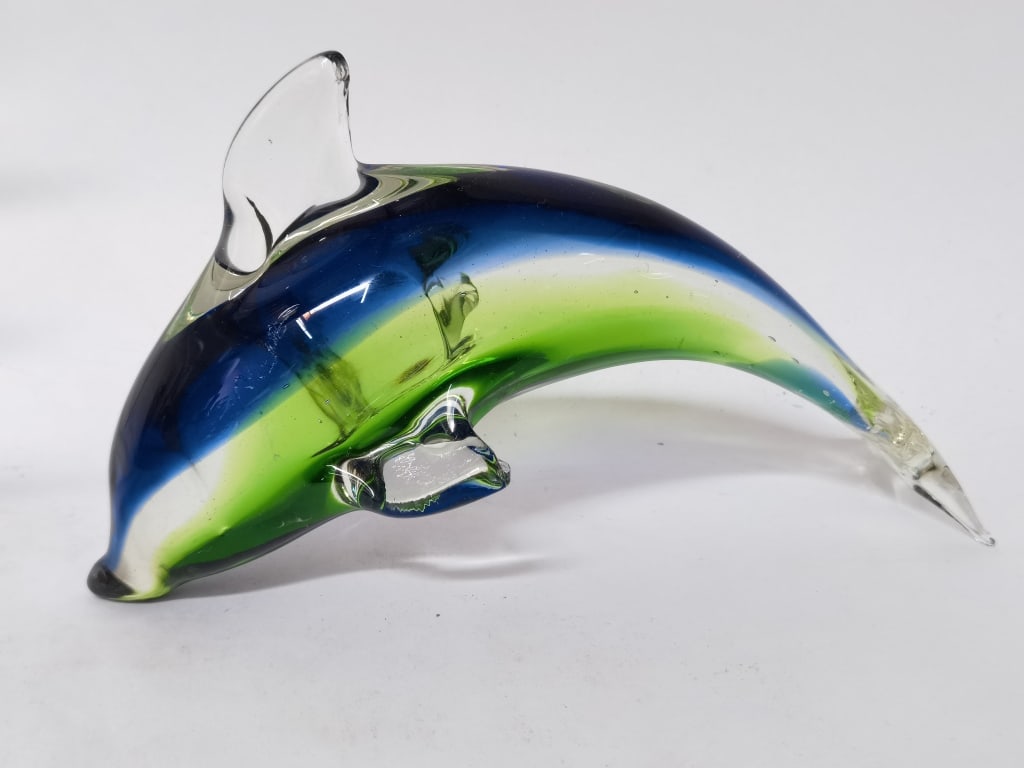 Vintage Murano Italy Blue/Green Glass Dolphin: Vintage Murano Italy Blue/Green Glass Dolphin, 5.5in by 9.5in