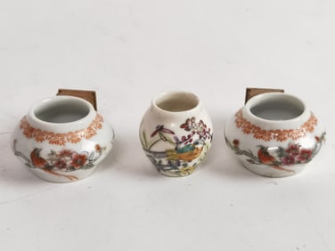 (3) Chinese Porcelain Famille Rose Bird Feeders