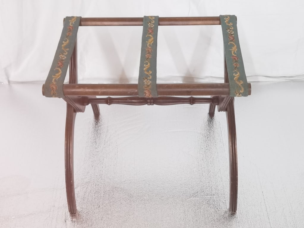Vintage Folding Luggage Stand with Embroidered Str (1 of 4)
