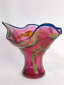 Vintage Green and Pink Ruffled Art Glass Vase