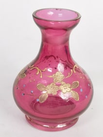 Vintage French Gilt Flower Magenta Glass Vase