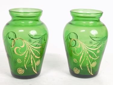 Pr. of Vintage Anchor Hocking Gilt Green Glass Vas