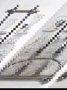 Set of Antique Victorian Silver Plated Condiment B: Set of Antique Victorian Silver Plated Condiment Bottles, 10in by 8in