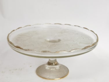 Vintage Jeanette Glass Gold Rim Harp Cake Stand