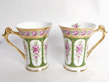 Pr. of Vintage Sorelle Gilt Porcelain Floral Mugs