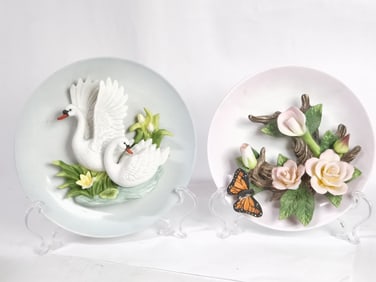 (2) Vintage 3D Porcelain Birds and Flower Plates