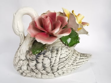 Vintage Capodimonte Italy Porcelain Swan Flower De