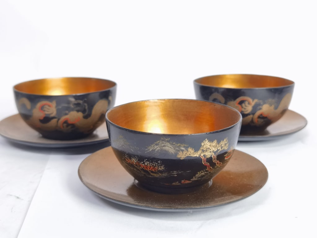 (3) Vintage Chinese Gilt Lacquer over Wood Tea Cup: (3) Vintage Chinese Gilt Lacquer over Wood Tea Cup Set, 2in by 5in