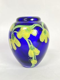 Vintage Yellow Floral Cobalt Blue Glass Vase