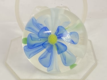 Unmarked Blue Flower Glass Paperweight