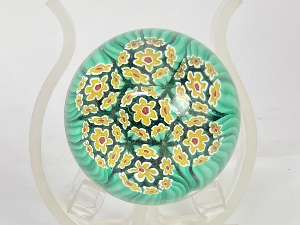 Vintage Murano Italy Green Millefiori Glass Paperw: Vintage Murano Italy Green Millefiori Glass Paperweight, 2 1/8in by 2.5in