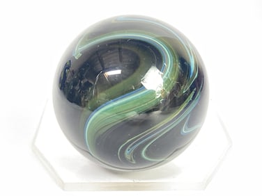 1991 GES Blue/Green Swirl Black Glass Paperweight
