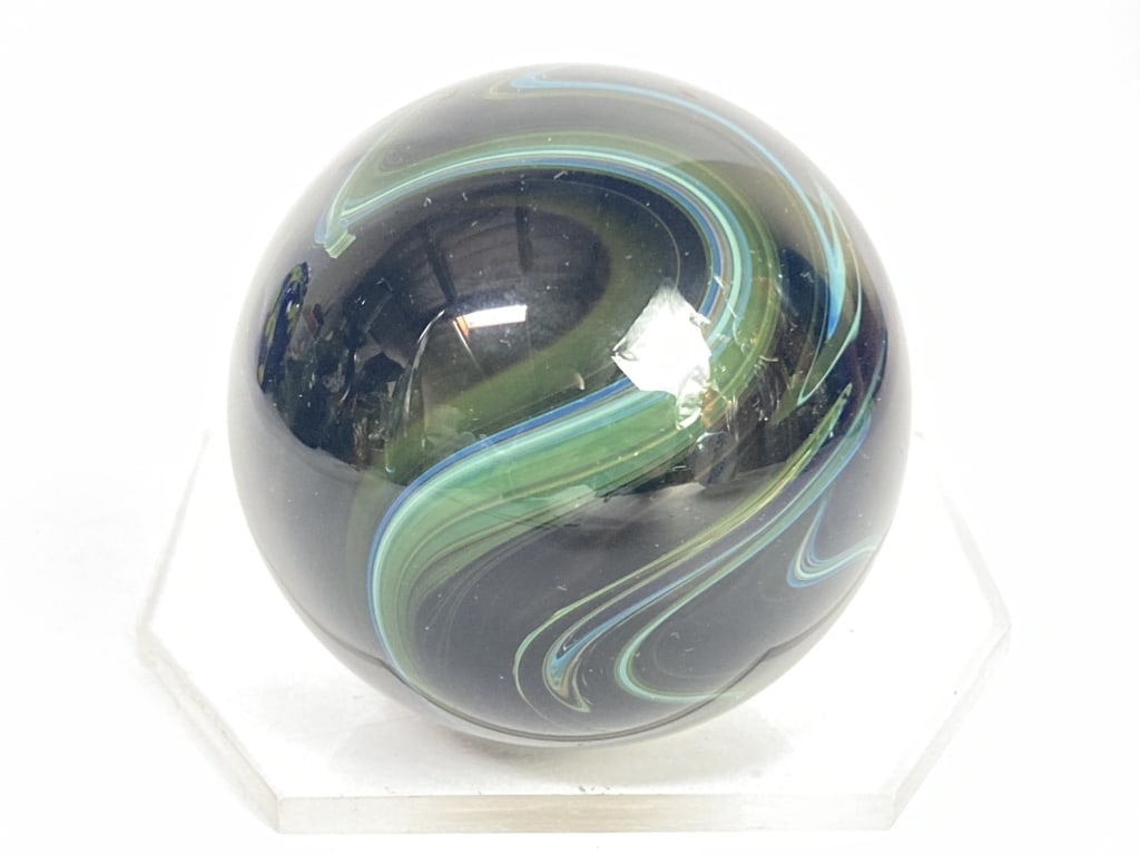 1991 GES Blue/Green Swirl Black Glass Paperweight: 1991 GES Blue/Green Swirl Black Glass Paperweight, 2.5in by 2.75in
