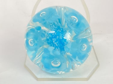 2000 Joe Rice Blue Flowers Glass Paperweight