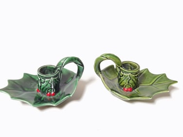Pr. of Vintage Lefton Porcelain Mistletoe Candlest