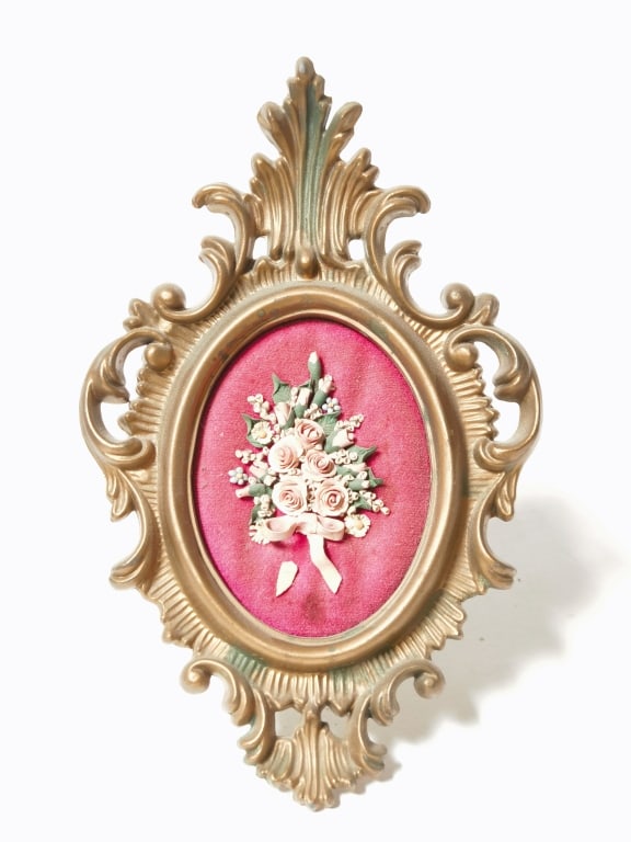 Vintage Hand Made Floral in Gilt Frame: Vintage Hand Made Floral in Gilt Frame, 7in