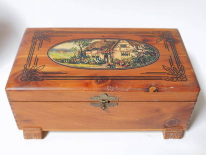 Vintage British Cottage Wood Jewelry Box: Vintage British Cottage Wood Jewelry Box, 4.25in by 11.5in