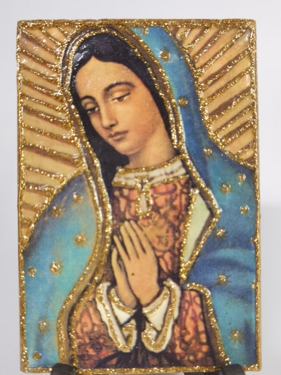 Vintage Gilt Wood Painted Madonna Plaque (1 of 2)