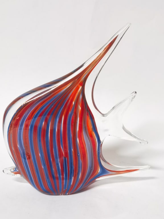 Large Vintage Murano Italy Blue/Red Stripe Glass F: Large Vintage Murano Italy Blue/Red Stripe Glass Fish, 8 5/8in by 8in