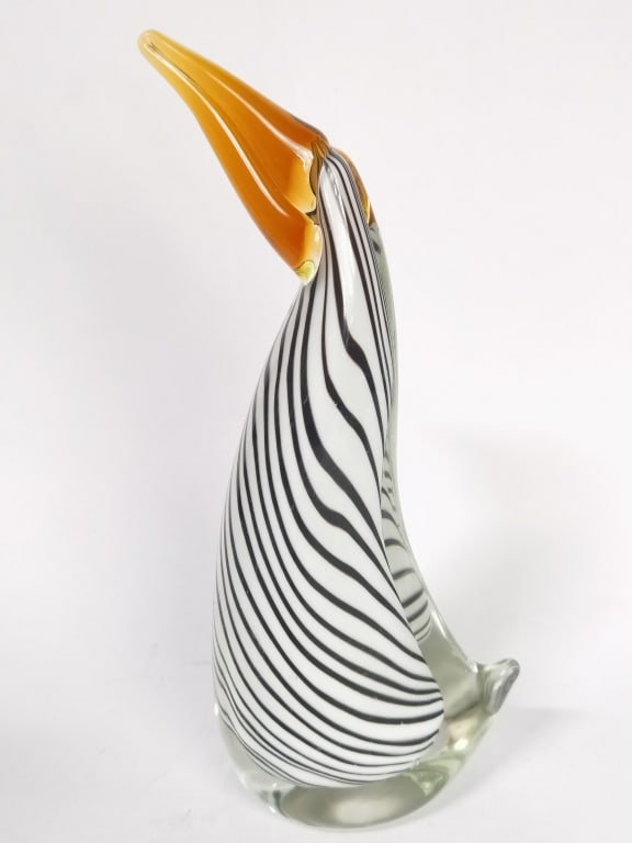 Large Murano Italy Black/White Striped Glass Pelic: Large Murano Italy Black/White Striped Glass Pelican, 11.5in