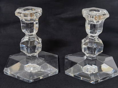 Pr. of Vintage Val. St. Lambert Crystal Candlestic: Pr. of Vintage Val. St. Lambert Crystal Candlesticks, 5.25in by 4 7/8in
