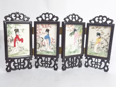 Vintage Chinese Painted Marble Inlay Wood Folding