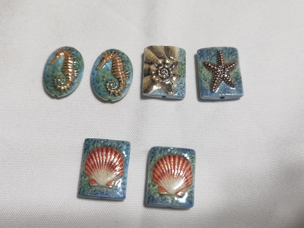 Group of Porcelain Ocean Theme Beads: Group of Porcelain Ocean Theme Beads, 7/8in
