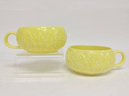 Pr. of Vintage Secla Portugal Porcelain Yellow Cab: Pr. of Vintage Secla Portugal Porcelain Yellow Cabbage Handled Bowls, 6in by 4.75in by 2 3/8in