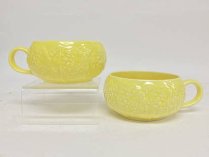 Pr. of Vintage Secla Portugal Porcelain Yellow Cab: Pr. of Vintage Secla Portugal Porcelain Yellow Cabbage Handled Bowls, 6in by 4.75in by 2 3/8in