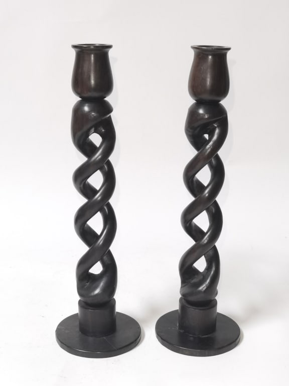 Pr. of Vintage Wood Carvved Twist Candlesticks: Pr. of Vintage Wood Carvved Twist Candlesticks, 10.5in