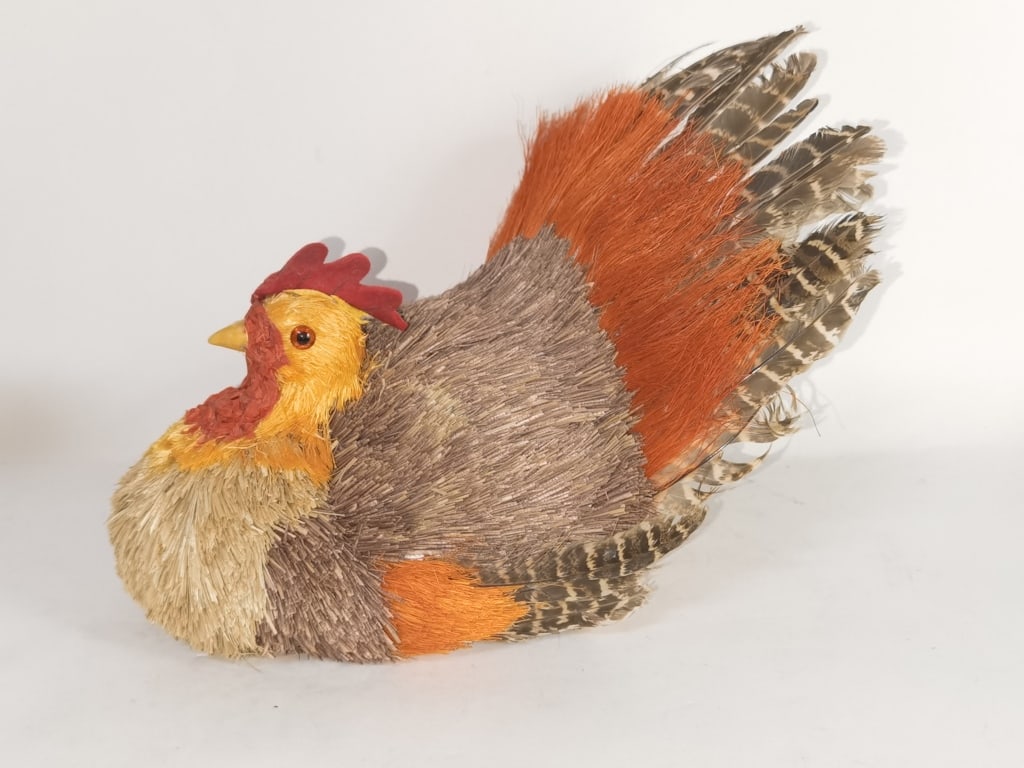 Wood Carved Rooster with Feather Decor: Wood Carved Rooster with Feather Decor, 8.5in by 12.5in