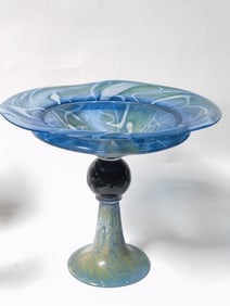 1997 Vintage Signed Glitter Blue Art Glass Compote