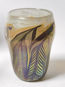 Vintage Iridescent Pulled Feather Art Glass Vase