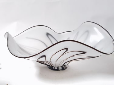 Large Vintage Signed White Ruffled Art Glass Cente