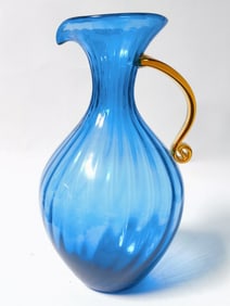 Vintage Blenko Blue Ribbed Art Glass Cruet
